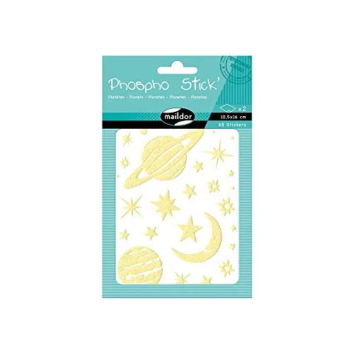 MY MANDARINE AE078O - Packung Phospho' Stick, 2 Stickerbogen 10,5x16cm, (68 Stickers), phosphoreszierend & glitzernd, Planeten/Sterne in Neongelb, 1 Pack
