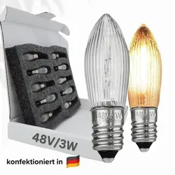 10x Stück E10 48V/3W Ersatzlampe für Schwibbogen, Lichterketten u.ä., 2000 K warmleuchtend, dimmbar