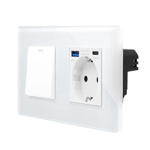 Luxus-Time Wippschalter Steckdose USB-A/C Schuko Einbau UP 20W Schnellladefunktion Wechsellichtschalter Mehrfachstecker 2-fach (Glasrahmen Lichtschalter mit USB-A/C Steckdose, Weiß)