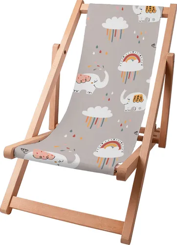 Dreamroots Kinder Liegestuhl klappbar Holz, bis zu 130 kg, Sonnenliege klappbar mit 3-stufiger Neigungsregulierung der Rückenlehne, Elephant and cloud