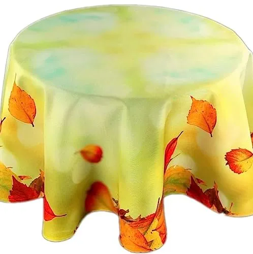 Farbenfrohe Tischdecke Rund Decke Tischtuch Herbst Hellgrün Blätter Blatt Bunt Tisch Deko Pflegeleicht Bügelfrei (170 cm)