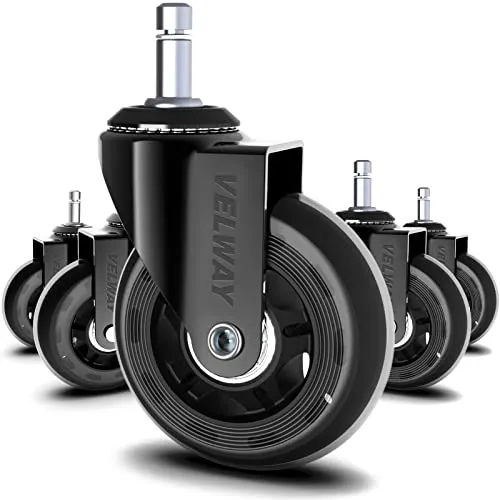 Velway 5er Set Bürostuhl Rollen - Universal 11x22 mm Stift Rollen für Bürostühle, Hartbodenrollen Kratzfrei Ruhig 3 Zoll Drestuhlrollen Gummi Ersatz Räder Bürostuhlrollen, Schwarz