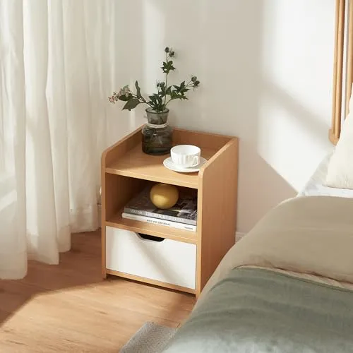 [en.casa] Nachttisch Bordkak mit 1 Schublade und 1 Ablagefach – Eleganter Nachtschrank in Eicheoptik/Weiß