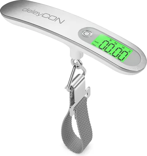 deleyCON Digitale Kofferwaage Gepäckwaage mit Display (bis 50kg, Inkl. Batterie) Tragbare Waage mit Haken für Reisekoffer Küche Angeln Hängewaage Fischwaage mit TARA Funktion Silber/Weiß