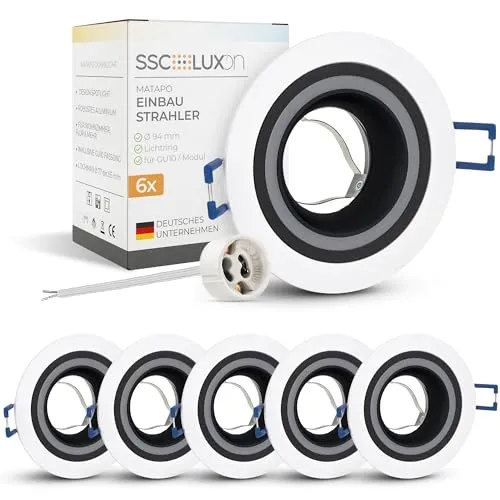 SSC-LUXon 6er Set Design Einbau Deckenstrahler Matapo - Deckenspots in elegantem schwarz-weiß mit integriertem Lichtring für stimmungsvolle Beleuchtung. Ideal für Wohnzimmer, Schlafzimmer oder Flur. Einfache Installation mit GU10-Fassung.