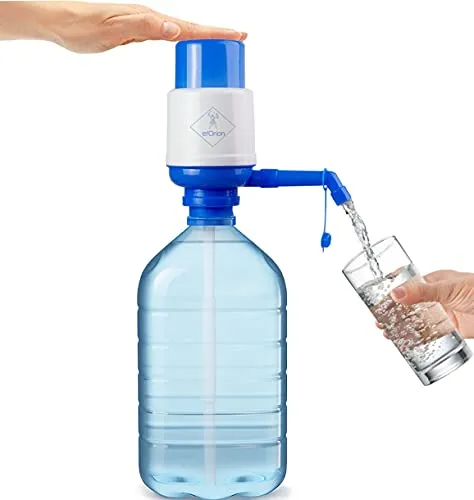 e!Orion Wasserspender für Karaffen, manuelle Pumpe für Kanister, kompatibel mit Flaschen mit 2,5, 3, 5, 6, 8, 10 Litern, Durchmesser 38 mm und 48 mm, blau und weiß, Polypropylen (PP)