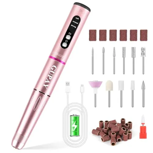 GUPAY Nagelfräser für Gelnägel Kabellos, Elektrische Nagelfeile Professionell Nail Drill, 12 in 1 Maniküre Pediküre Set für Acryl Gelnägel, Nagelhaut Shellac Acrylgel, Semipermanentes (Rosa)