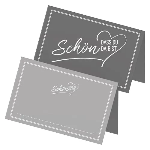 itenga 48x Tischkarten „Schön, DASS du da bist“ V2 – Platzkarten Namensschilder – 9 x 5 cm – ideal für Hochzeit, Taufe, Geburtstag, Feier – 13 Farben verfügbar (grau)