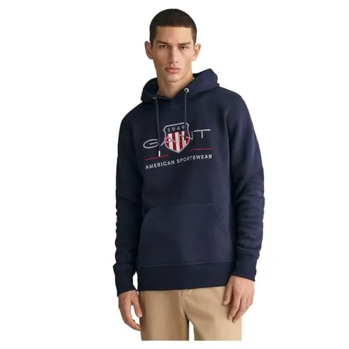 Gant Herren Reg Archive Shield Hoodie Kapuzenpullover, Evening Blue, M EU - Kapuzenpullover für Herren mit normaler Passform, Kängurutasche und stylischer GANT-Stickerei auf der Brust für einen sportlichen Look.