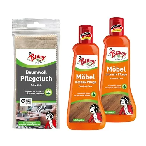 POLIBOY Möbel Intensiv Pflege - Pflegemittel für lackiertes Holz - Schützende und auffrischende Holzpflege - Farbneutral - 2x 200 ml - Mit Baumwolltuch - Made in Germany