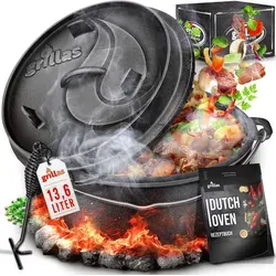 grillas Dutch Oven Set 13,6L - bereits eingebrannt - Dutch Oven aus Gusseisen mit Deckelheber und Rezeptideen für perfektes Kochen am Lagerfeuer. Extrem robust und sofort einsatzbereit dank Preseasoning.