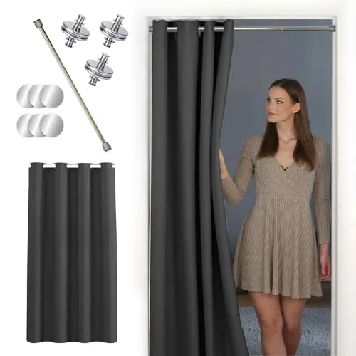 tinycurtains, Thermo Türvorhang mit Vorhangstange & Magneten zum Abdichten, einfache Montage ohne Bohren in 1 Min (200 x 150 cm anthrazit + Stange Silber 55-90 cm + 6 Magnete)