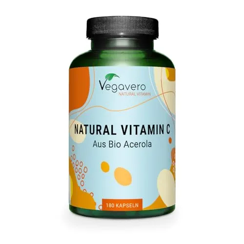 Vegavero Natürliches Vitamin C aus Bio Acerola | 180 Kapseln - Vitamin C Präparate mit hoch bioverfügbarem Acerola-Extrakt, stärkt das Immunsystem und ist magenfreundlich, vegan und ohne Zusatzstoffe.