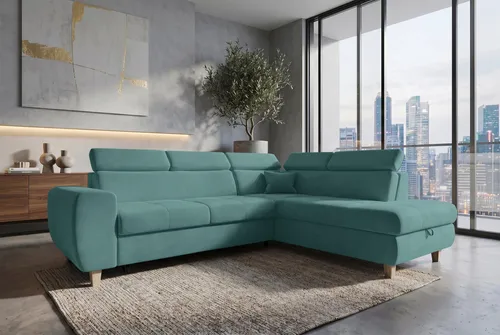 99rooms Luigi Ecksofa Velours KRONOS Pastelltürkis Rechts mit Schlaffunktion