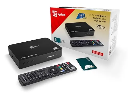 TELE System Satellitendecoder TS9019HEVC - TV-Receiver mit Tivùsat Smartcard, über 70 HD-Kanäle und DAZN-Zugang für Sportfans, inklusive TV-Pause-Funktion für flexibles Fernsehen.