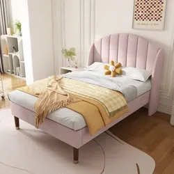 Flieks Polsterbett Einzelbett 90x200cm - Elegantes Massivholzbett aus Kiefer mit weichem Samtbezug in rosa, ideal für stilvolle Schlafzimmer und hohe Belastbarkeit bis 150 kg.