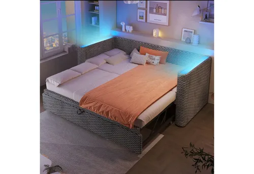 Odikalo Schlafsofa Schlafcouch Tagesbett 90x200 mit Lattenrost, Daybett, Schlafsofa, 90 × 200 cm, 180 × 200 cm, multifunktionales Ausziehbett-Design mit LED-Lichtleiste, Lattenrost (ohne Matratze), Samt, Grau / Beige