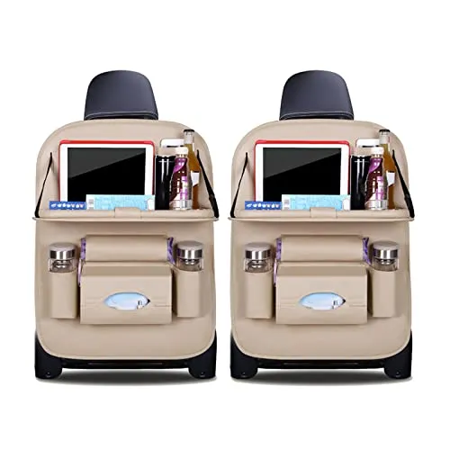 Ergocar Auto Organizer Rückenlehnenschutz Luxus Autositzschutz aus PU-Leder mit faltbarem Tablethalter wasserdicht Rückenlehnenschutz Rückenlehnen-Tasche für Kinder (Beige - 2 Pack)