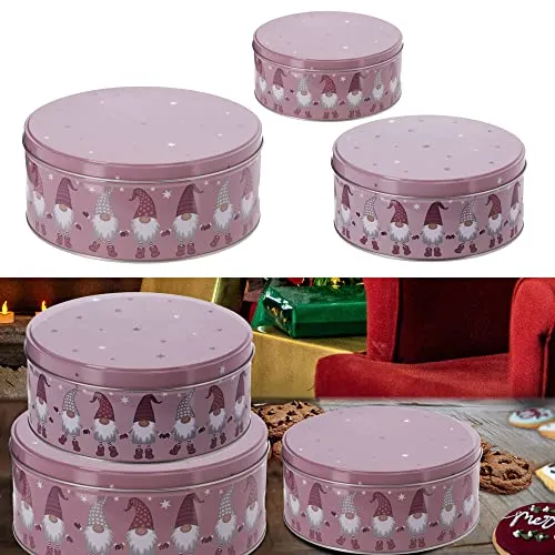 Cepewa Gebäckdose 3er Set Weihnachten | Wichtelmotiv 3 Größen rund Metall | Aufbewahrung Weihnachtsgebäck Keksdose (1 x 3er Set Gebäckdose Wichtel)