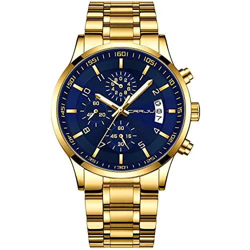 CRRJU Herren Uhr wasserdichte Chronographen Armbanduhr Männer Edelstahlarmband Business Analog Quarzuhr mit Kalender (Gold Blau)