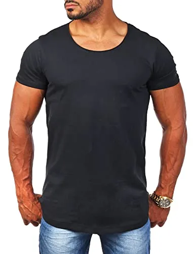 Produktbild Young & Rich Herren Uni T-Shirt mit tiefem Rundhals Ausschnitt einfarbig körperbetontes Basic Tee Vintage Look 1702, Grösse:M, Farbe:Schwarz
