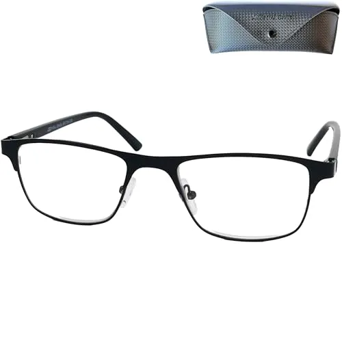 Mini Brille Metall Lesebrille mit rechteckigen Gläsern - mit Gratis Etui, Edelstahl Brillengestell (Schwarz), Eckige Lesehilfe Herren und Damen +1.0 Dioptrien
