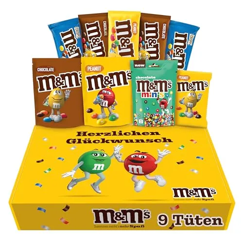M&M'S Herzlichen Glückwunsch Snack Mix I Peanut, Crispy, Schokolade, Chocolate Minis I 4 Sorten I 9 Packungen I 724 g I Geschenkbox mit Süßigkeiten