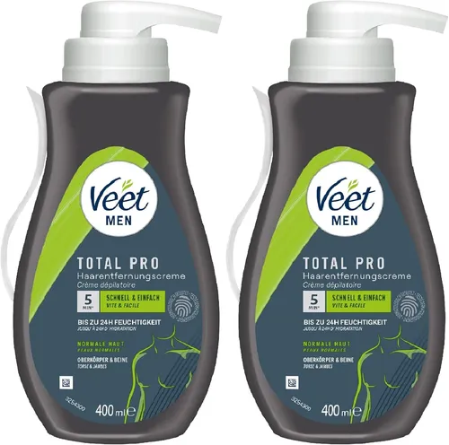 Veet for Men Haarentfernungscreme Sensitive Power 2 x 400ml - Praktischer Spender mit Spatel für eine einfache Anwendung. Ideal zur effektiven Haarentfernung, speziell für empfindliche Haut geeignet.