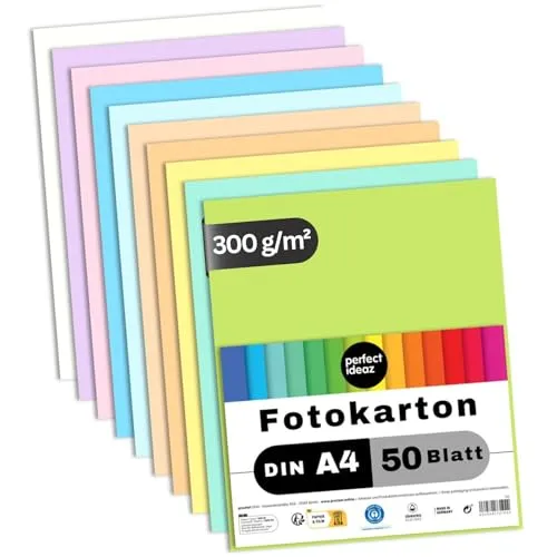 perfect ideaz - 50 Blatt Fotokarton DIN-A4, 10 Pastell-Farben, 300 g/m², Made in Germany, Blauer Engel zertifiziert