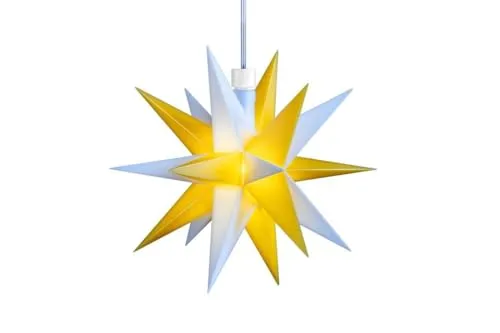 LED Mini Dekostern Weihnachtsstern 18 Zacken wetterfest, weiß-gelb Ø 12cm, mit Timer 6h, mit Batteriefach 3x AA, mit Fernb., Innen u Außen für Weihnachten, Hochzeiten, Party, Dekoration, Geschenkidee