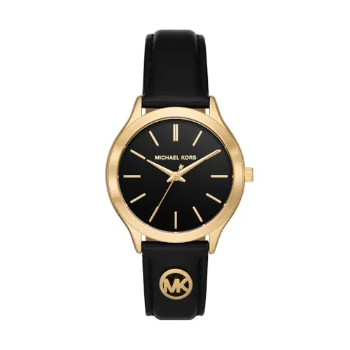 MICHAEL KORS Damen Analog Quarz Uhr MK7553 - Elegante Armbanduhr für Damen mit 38-mm-Gehäuse, kratzfestem Mineralglas und einem selbstverstellbaren schwarzen Lederarmband. Wasserdicht bis 50 m - ideal für den Alltag.