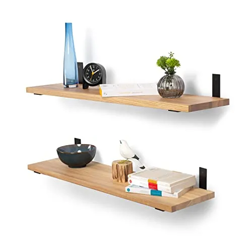 Rikmani Schweberegal Holzregal Wandregal TES Küchenregal Bücherregal Holz Regal Wand Regalbrett Eiche für Schlafzimmer, Kinderzimmer, Büro Wandboard Metall 40 cm - Natur (schwarz)