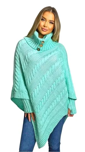 Mississhop Poncho Cape Strick Sweatshirt Pullover Umhang mit Stulpen 3012 Mint - Stylischer Poncho im Grobstrick-Look mit abnehmbaren Stulpen. Ideal für kühle Tage, passt perfekt zu jedem Outfit und bietet hohen Tragekomfort. Einheitsgröße, hergestellt in der EU.
