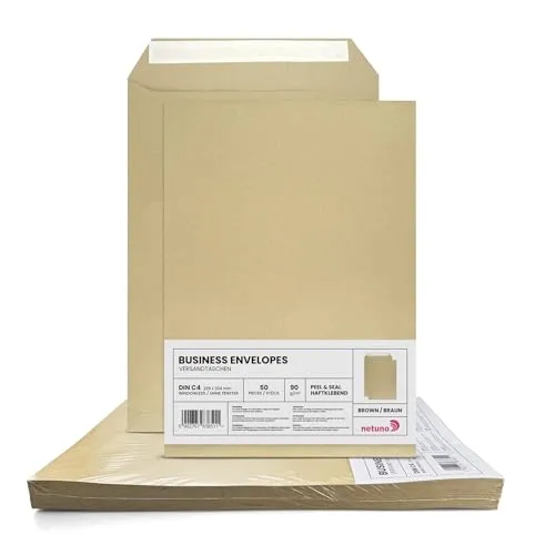 Netuno 50x Versandtasche DIN C4 Braun 229 x 324 mm 90g große Briefumschläge ohne Fenster gerade Klappe Haftklebung Umschläge Maxibrief A4 Briefkuverts Großbrief Kuverts envelope big