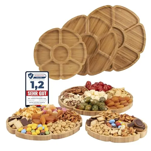 Soz ® – Bambusteller 3er Set rund – 1,5 cm tief - nachhaltige Snackteller mit Fächern – Deko-Holz-Tablett – Servier-Platte – Portions-Vorspeisenteller (rund)