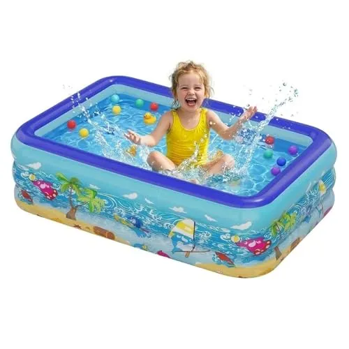 Vivyklfc Planschbecken Rechteckig für Kinder, 150x105x50cm Großer Pool Aufblasbar,3-Ring PVC Baby Badewanne mit Weichem Boden, Rutschfestes Schwimmbecken Kinder & Ozean-Design Kinderpool für Garten