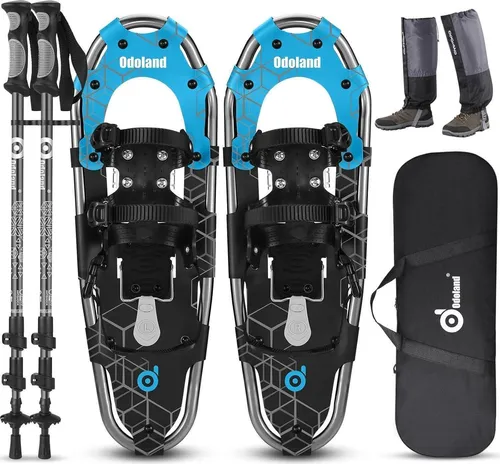 Odoland Schneeschuhe mit Steighilfe Allround 4 IN 1 für Damen und Herren, Wasserdicht, Wanderstöcke, Gamaschen, Tragetasche, Schuhgröße 21/25/30 inch