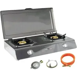 Nsd-2c Edelstahl Camping Gaskocher 2 Flammig mit Zündsicherung - Robuster 2-flammiger Edelstahl Camping Gaskocher mit Zündsicherung und Piezozündung. Ideal für Outdoor-Küche, energieeffizienter Turboeffekt für optimale Hitzeverteilung und lange Lebensdauer.
