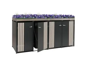 4er-Mülltonnenverkleidung MCW-O67 mit Pflanzkasten – Stabil und Elegant - Praktische Mülltonnenbox für 4 Tonnen (80-240 L), mit abschließbarem Design und integriertem Pflanzkasten. Hohe Stabilität durch 95 kg Gewicht und 0,8 mm Stahl. Perfekte Lösung für einen ordentlichen Außenbereich.