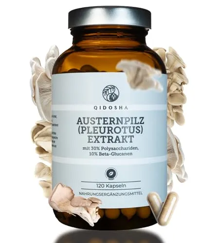 QIDOSHA® Austernpilz (Pleurotus) Extrakt, 120 Kapseln im Apothekerglas, 30% Polysaccharide, 10% Beta-Glucane, jede Charge laborgeprüft, deutsche Fertigung
