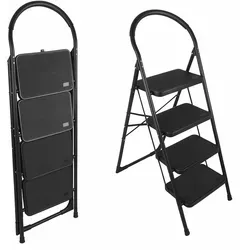 ONDIS24 Trittleiter Klapptritt Hugo XXL Stufen klappbare Leiter bis zu 150kg, pulverbeschichteter Stahl extra langer Softgriff schwarz 4-stufig | 48 cm x 90 cm x 137 cm