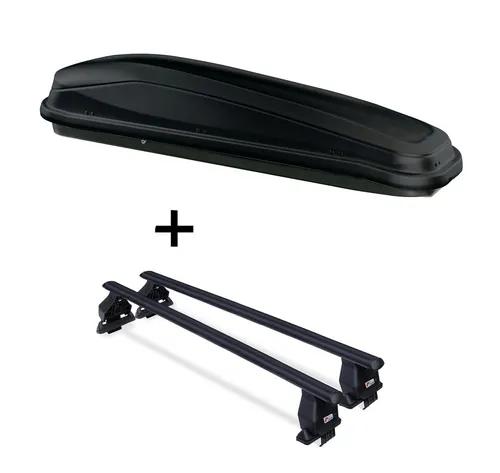 Skibox JUEASY300 + Menabo Tema Dachträger für VW Golf VI - Praktisches Dachboxenset mit 300 Litern Stauraum und sicherer Zentralverriegelung. Ideal für bis zu 6 Ski oder 2 Snowboards, perfekt für den Winterurlaub.