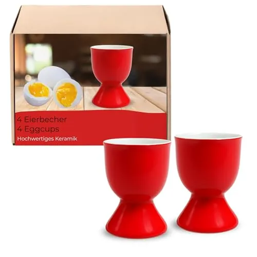 Eierbecher 4er Set in Rot aus Keramik - Spülmaschinenfeste Eierhalter für Frühstückstisch