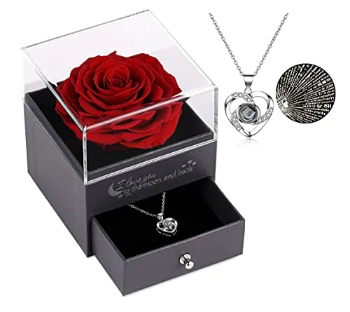 Eaprala Geschenke für Freundin, konservierte Blumenrose mit Herz-HalsketteLove You 100 Languages, echte Rosenblütengeschenke für Sie, Mutter, Muttertag, Jahrestag, Geburtstag, Abschlussfeier, Vale