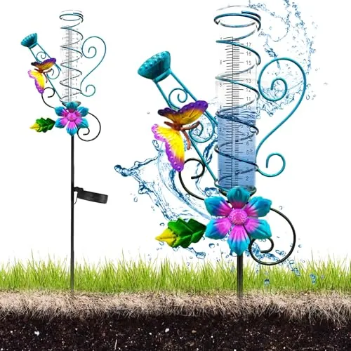HOSPAOP Solar Regenmesser für Garten mit Erdspieß und LED, Niederschlagsmesser Frostsicher Glas für Rasen, Terrasse, Feldern, Innenhöfen, Gartendeko