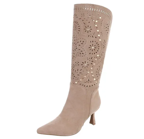 Ital-Design Kniehohe Stiefel für Damen mit Stilettoabsatz in Hellbraun - Elegante kniehohe Stiefel mit modischen Aussparungen und 7 cm Absatzhöhe. Ideal für besondere Anlässe oder den Alltag, kombinierbar mit verschiedenen Outfits.