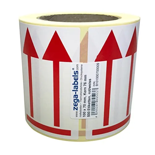 Warnetiketten auf Rolle - Hier oben Pfeile Abbildung zur Packstückorientierung Oben in ROT - 500 Stück je Rolle - 70 x 100 mm - Versandaufkleber stark haftend aus Papier selbstklebend
