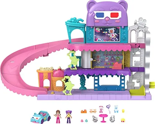Polly Pocket Mattel Multiplex - Puppensets mit einem aufregenden Kinomultiplex auf zwei Ebenen, inklusive Fahrzeug, Zubehör und 2 Mikrofiguren für unendlichen Spielspaß!