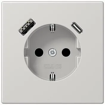 Jung SCHUKO-Steckdose mit USB-Ladegerät Typ C+A (lichtgrau) - Steckdosen & Zubehör mit erhöhtem Berührungsschutz und 2 USB-Anschlüssen, ideal für das schnelle Laden von Geräten und bruchsicheres Design.