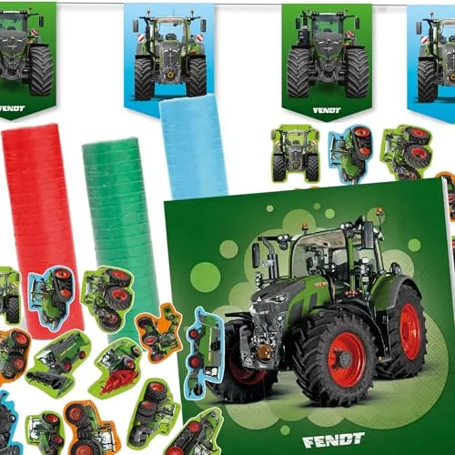 Deko-Set * FENDT TRAKTOR * für Kindergeburtstag, Mottoparty und Party | 71 Teile mit Servietten + Konfetti + Wimpelkette + Luftschlangen | Partydeko Bauernhof Trecker Farm